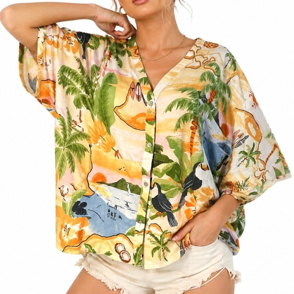 Rachel Zoe Oversized Shirt Women XL Yellow Tropical Toucan Beachy Blend Top Boho